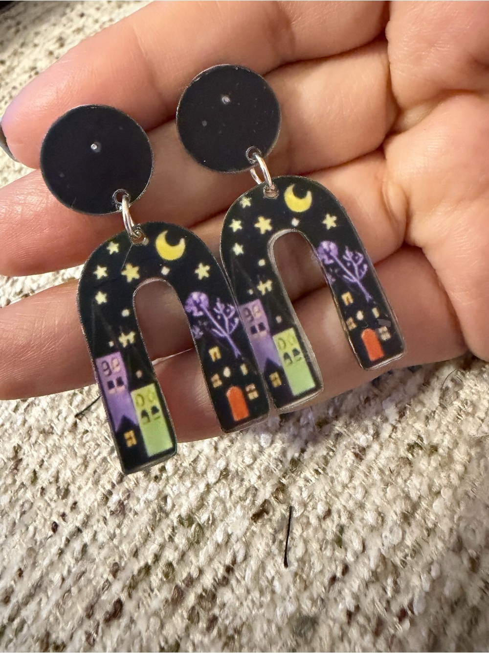 Acrylic dangle Black Moonlit Village Arch Earrings